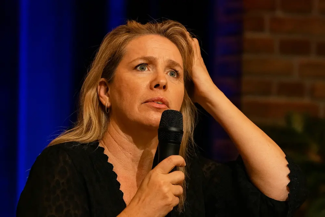 Vrouw van rond de 50 met blond haar spreekt gepassioneerd in een zaal, houdt een microfoon vast en veegt haar haar uit haar gezicht terwijl ze omhoog kijkt